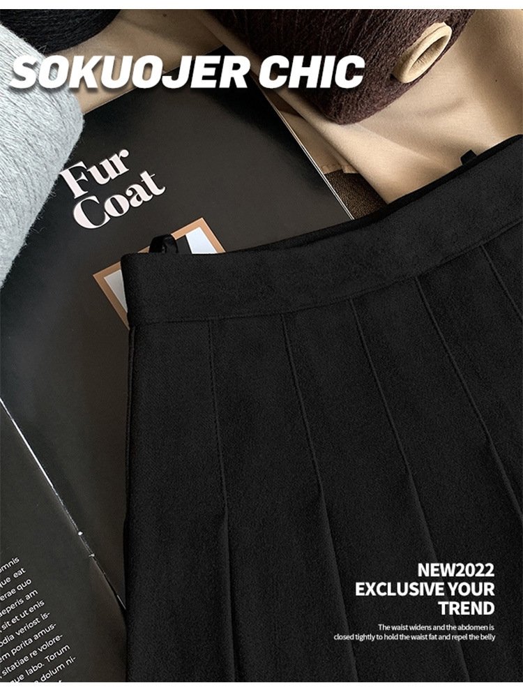 Женская юбка-плиссировка осенне-зимняя новинка из плотной шерсти с высокой посадкой, черного цвета, подчеркивающая стройность, большой размер A-силуэт оптом из Китая