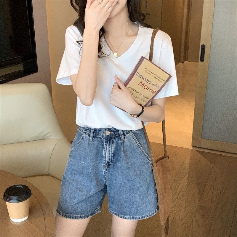 Женская футболка V-образный вырез белая 2024 лето оптом