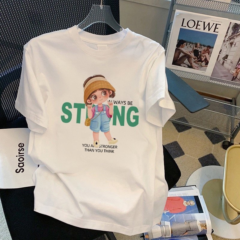 100% хлопок 220 г мультфильм принт круглый воротник короткий рукав футболка женская оптом