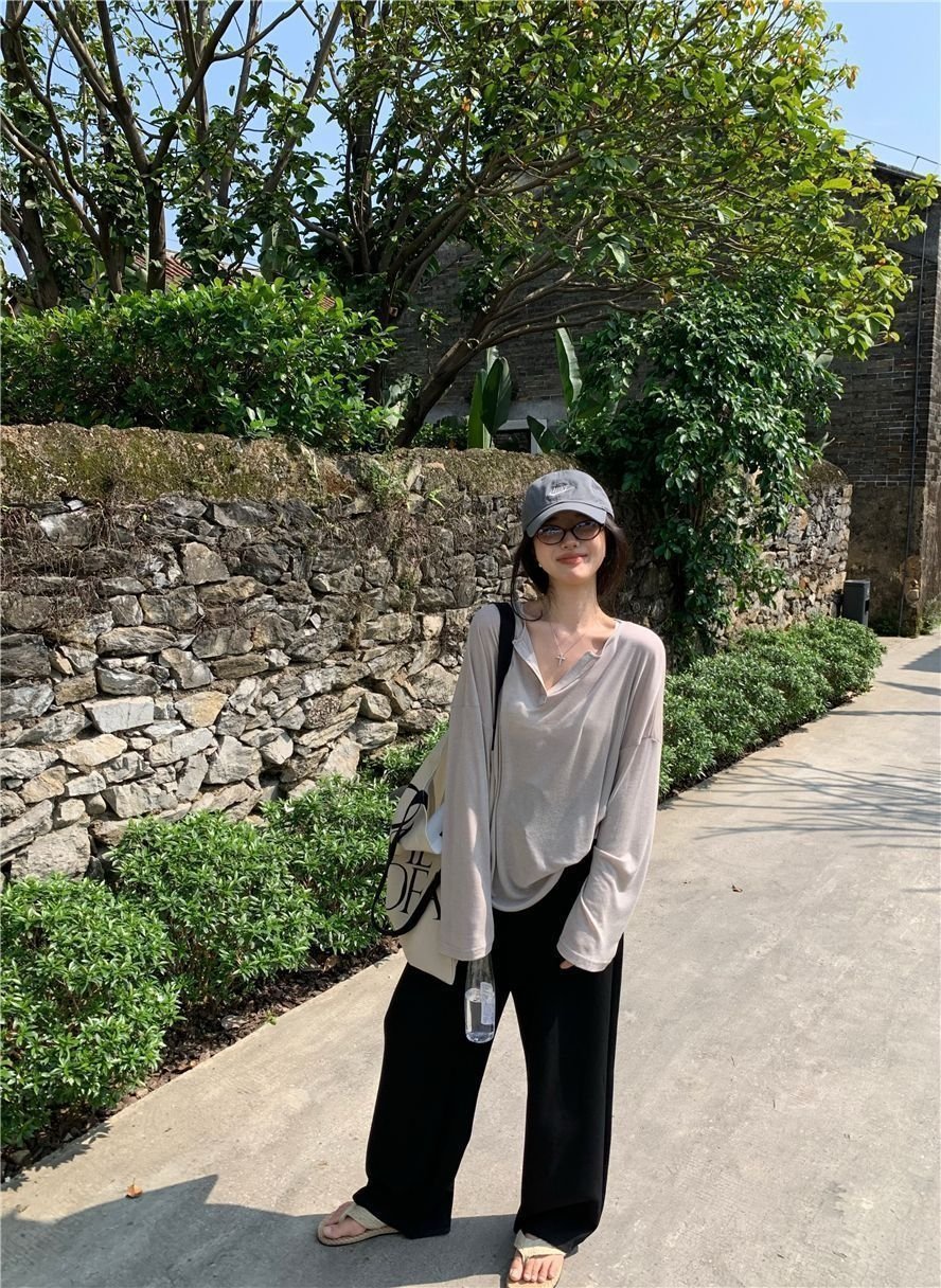 Летняя женская футболка с длинным рукавом и V-образным вырезом оптом