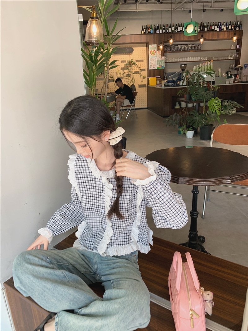 Футболка в клетку с кружевным воротником оптом из Китая