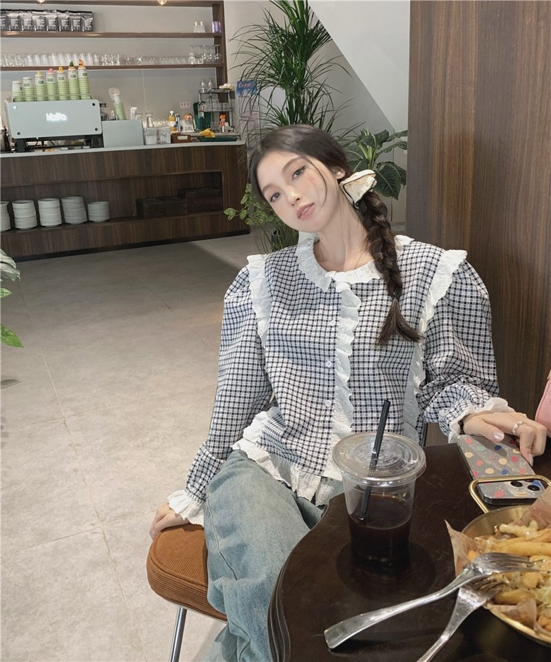 Футболка в клетку с кружевным воротником оптом из Китая