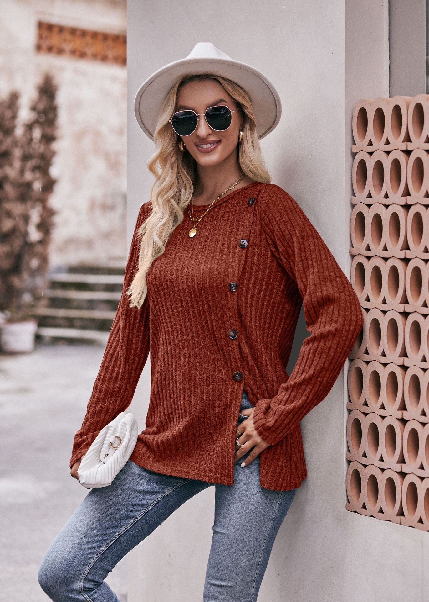 Женская футболка с круглым вырезом и пуговицами оптом из Китая