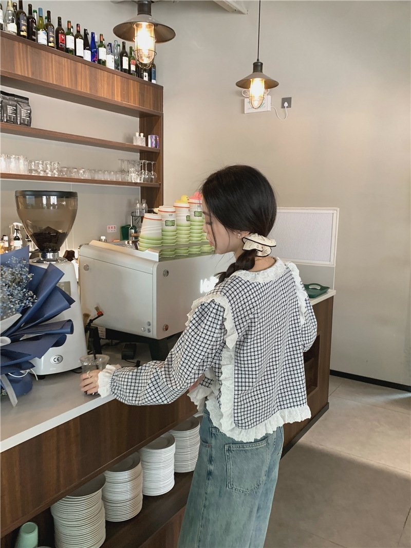 Футболка в клетку с кружевным воротником оптом из Китая