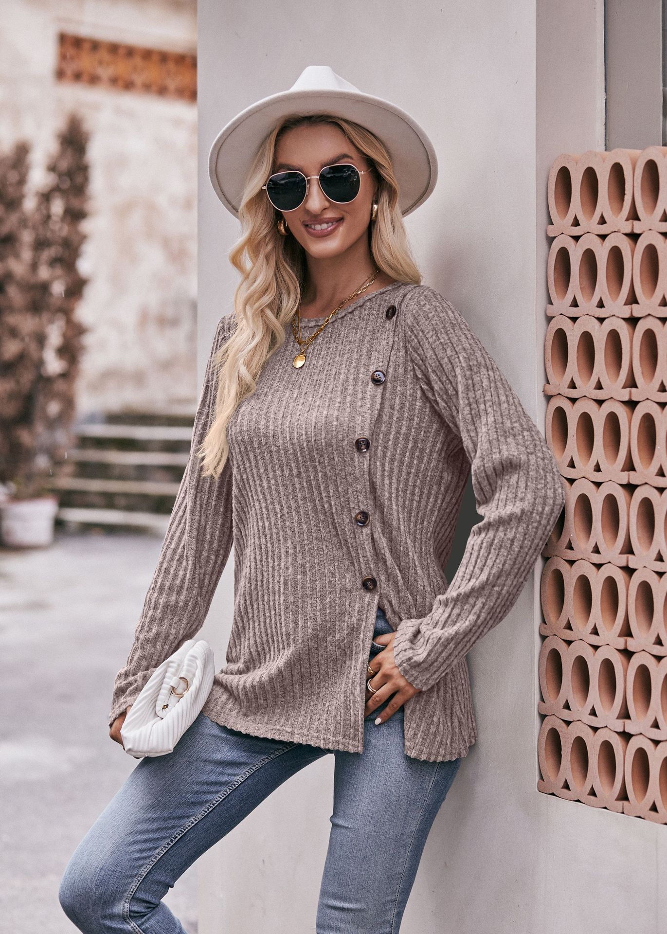 Женская футболка с круглым вырезом и пуговицами оптом из Китая