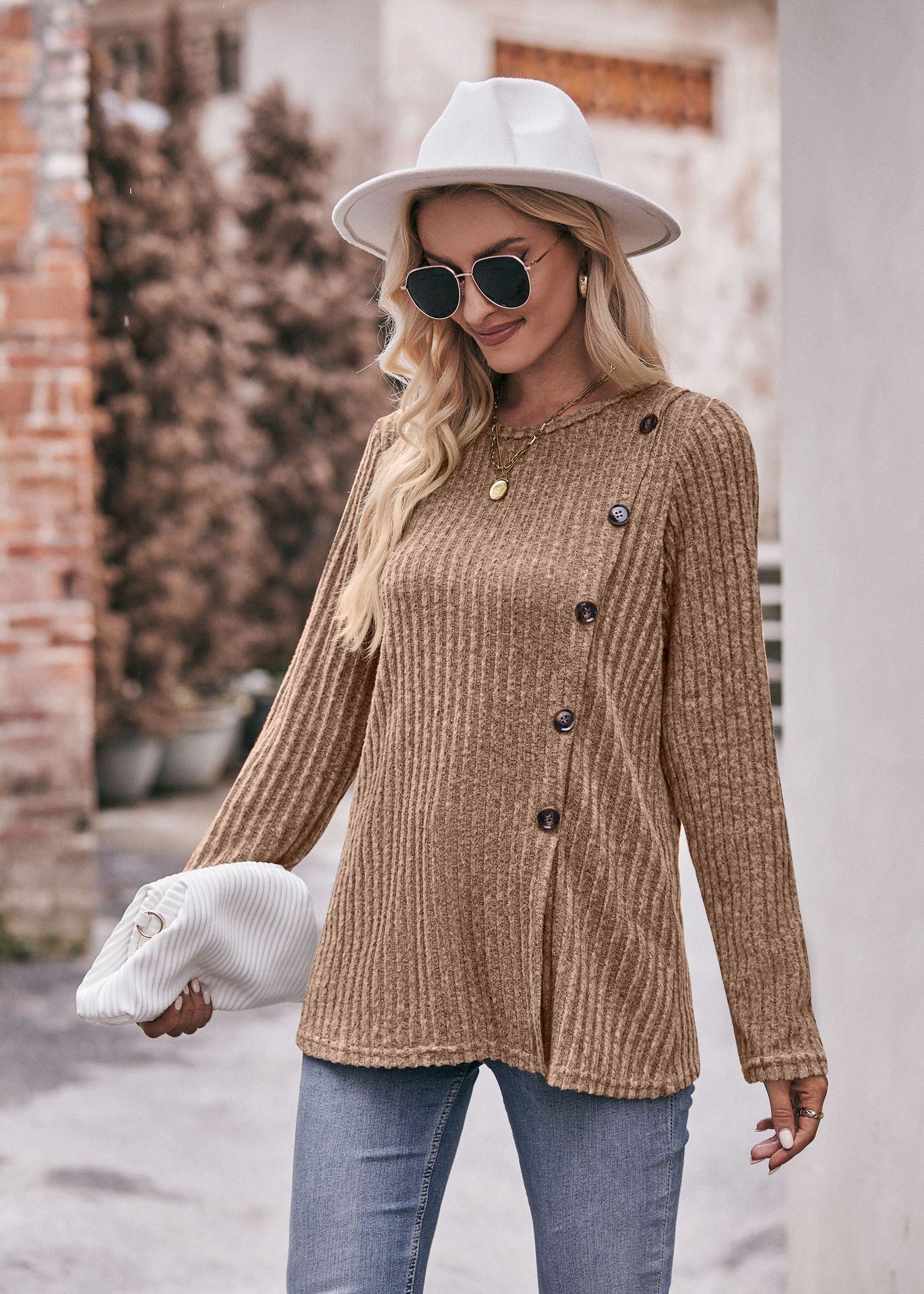 Женская футболка с круглым вырезом и пуговицами оптом из Китая