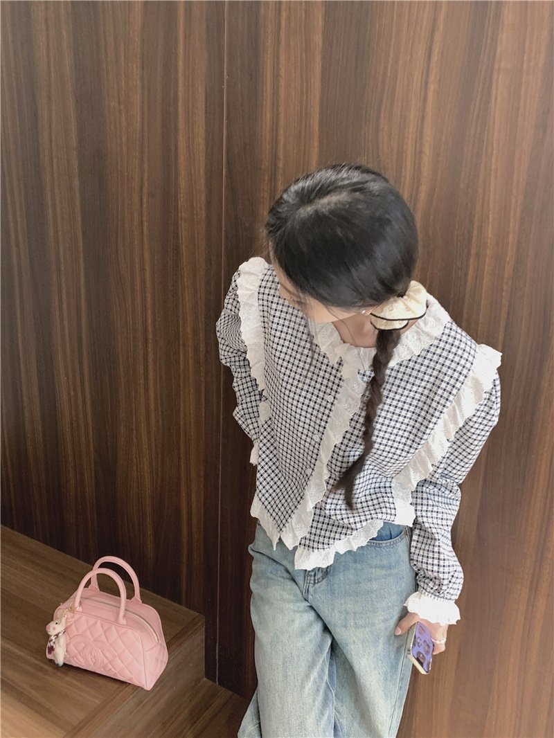 Футболка в клетку с кружевным воротником оптом из Китая