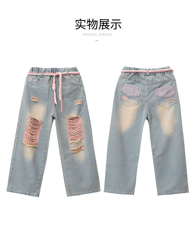 Джинсы для девочек 2023 весна и осень новые детские брюки корейской моды для девочек с дырками широкие брюки оптом из Китая