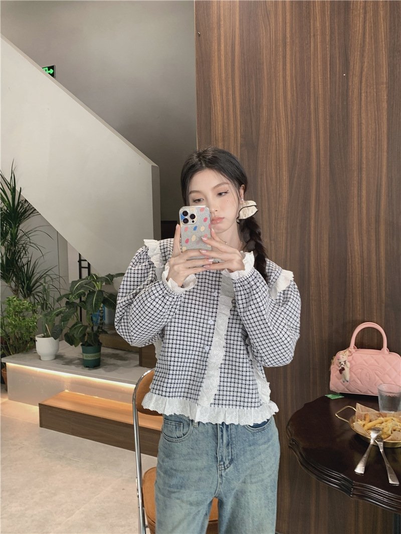 Футболка в клетку с кружевным воротником оптом из Китая