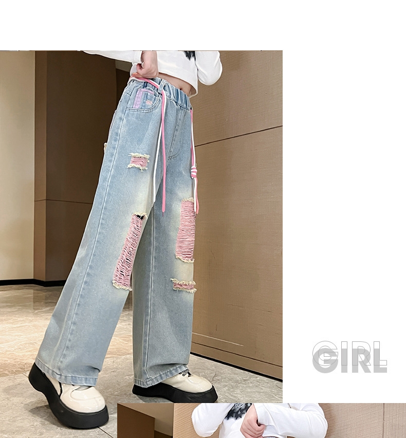 Джинсы для девочек 2023 весна и осень новые детские брюки корейской моды для девочек с дырками широкие брюки оптом из Китая