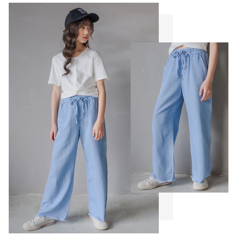 Джинсы для девочек 2021 летняя свободная тонкая шелковая прямая штаны с высокой талией оптом из Китая