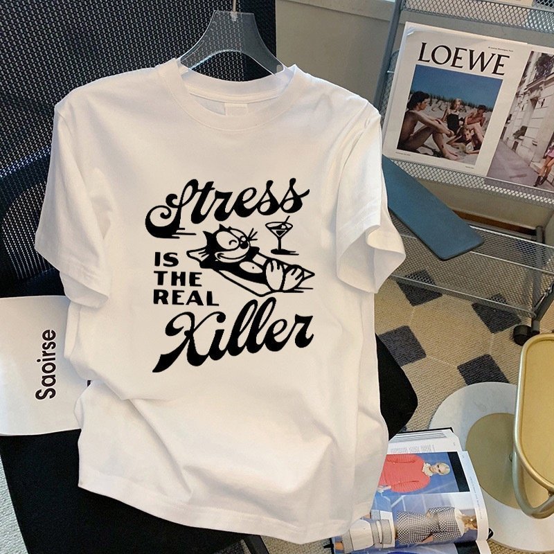 100% хлопок 220 г мультфильм принт круглый воротник короткий рукав футболка женская оптом