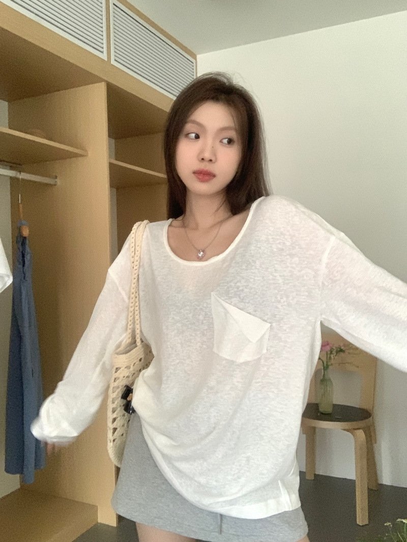 Белая летняя футболка с длинным рукавом и прозрачной тканью оптом