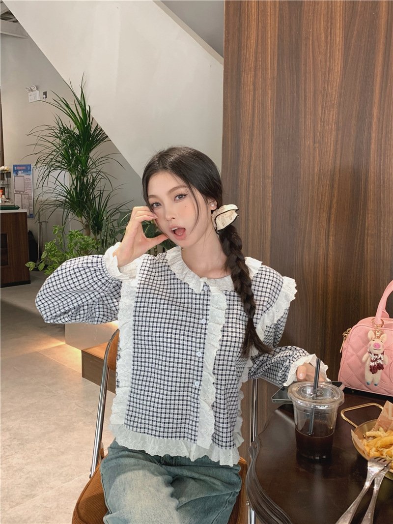 Футболка в клетку с кружевным воротником оптом из Китая