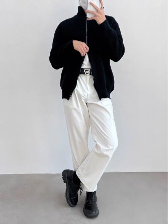 Высокий воротник с двойной молнией и полувысокий воротник для теплой пары тяжелого свитера-куртки для мужчин MM6 вязаная кофта фото