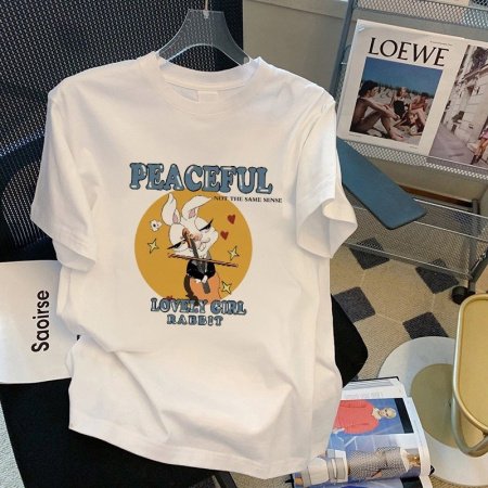 100% хлопок 220 г мультфильм принт круглый воротник короткий рукав футболка женская фотография