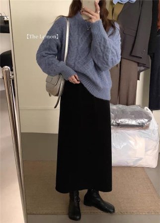 Шерстяная юбка с высокой талией и разрезом на осень-зиму фото