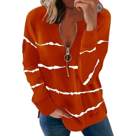 Женская футболка с длинным рукавом в полоску с V-образным вырезом и молнией изображение