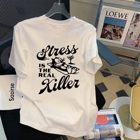 100% хлопок 220 г мультфильм принт круглый воротник короткий рукав футболка женская фотография