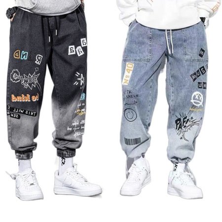 Новые мужские джинсы с принтом и поясом на резинке изображение