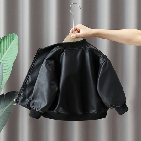 Детский куртка 2024 новинка мальчик черная кожаная куртка фотография