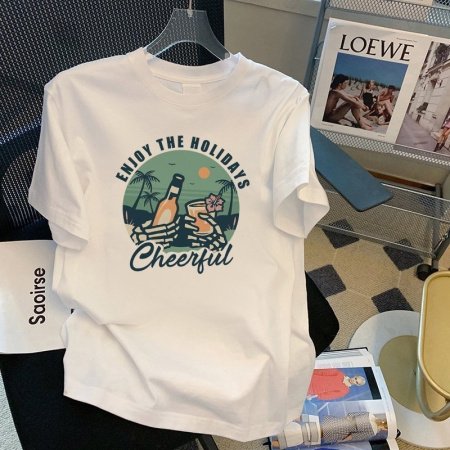 100% хлопок 220 г мультфильм принт круглый воротник короткий рукав футболка женская фотография