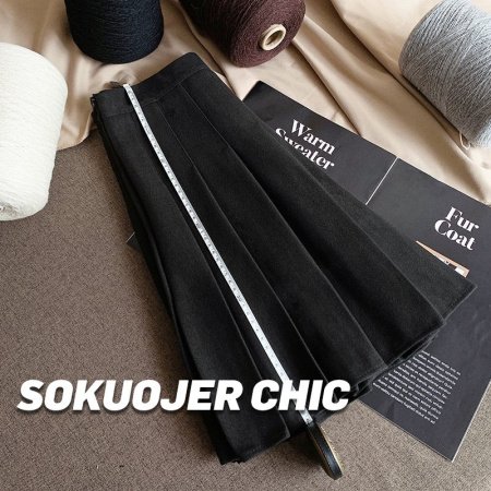 Женская юбка-плиссировка осенне-зимняя новинка из плотной шерсти с высокой посадкой, черного цвета, подчеркивающая стройность, большой размер A-силуэт фотография