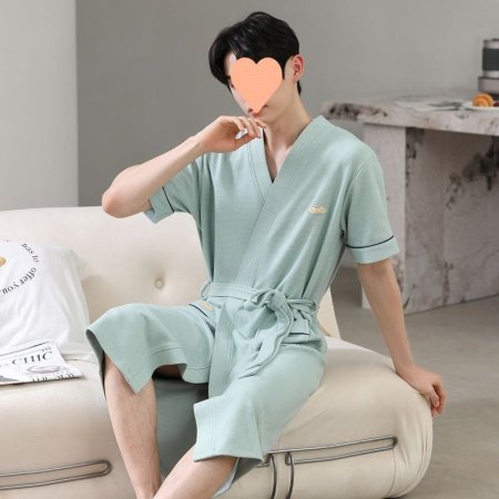 Мужской халат из чистого хлопка с коротким рукавом фото