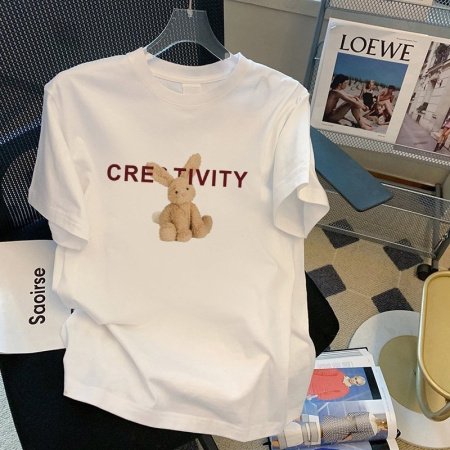 100% хлопок 220 г мультфильм принт круглый воротник короткий рукав футболка женская фотография