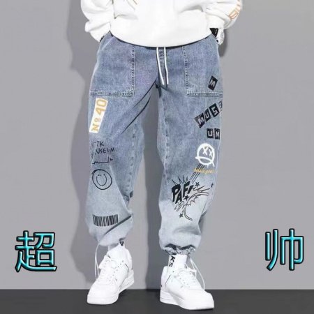 Новые мужские джинсы с принтом и поясом на резинке изображение
