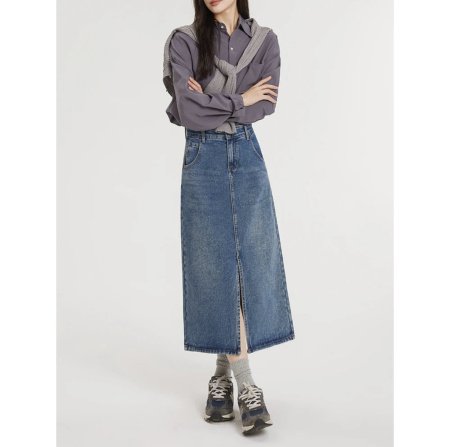 Джинсовая юбка с высокой талией и разрезом в стиле ретро изображение