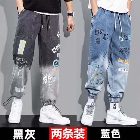 Новые мужские джинсы с принтом и поясом на резинке изображение