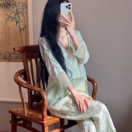 Женский китайский стильный комплект пижам из шелка изображение