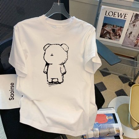 100% хлопок 220 г мультфильм принт круглый воротник короткий рукав футболка женская фотография