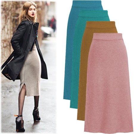 Шерстяная юбка с разрезом на осень и зиму изображение