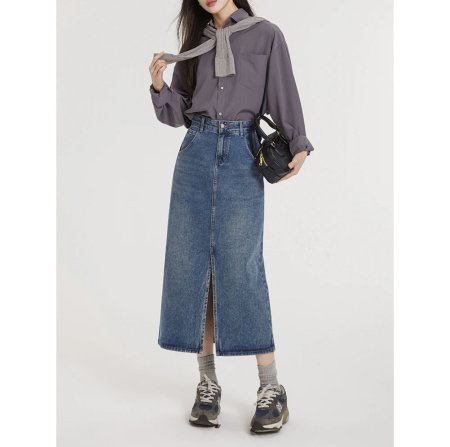 Джинсовая юбка с высокой талией и разрезом в стиле ретро изображение