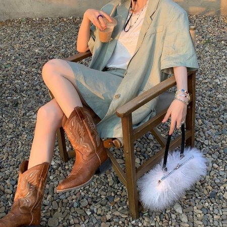 Женские сапоги рыцаря с вышивкой V-образного выреза 2024 весна-осень фотография