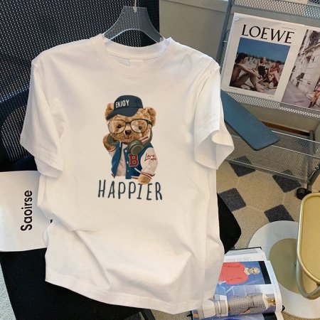 100% хлопок 220 г мультфильм принт круглый воротник короткий рукав футболка женская фотография