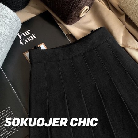 Женская юбка-плиссировка осенне-зимняя новинка из плотной шерсти с высокой посадкой, черного цвета, подчеркивающая стройность, большой размер A-силуэт фотография