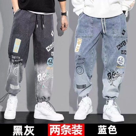 Новые мужские джинсы с принтом и поясом на резинке изображение
