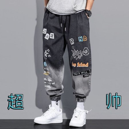 Новые мужские джинсы с принтом и поясом на резинке изображение