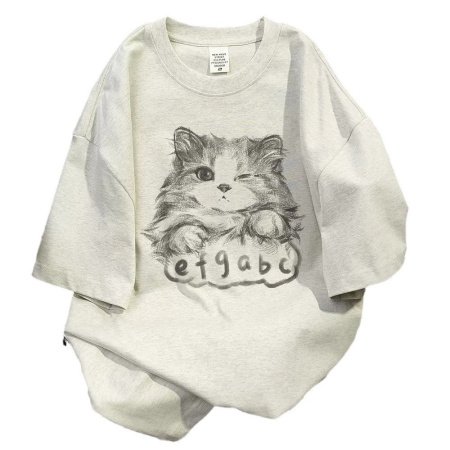 Футболка с принтом кота и надписью, летняя, свободного кроя изображение