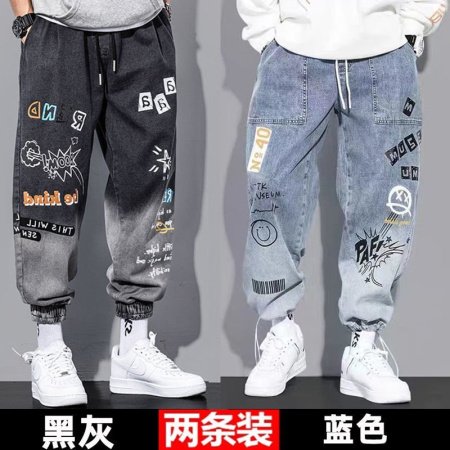 Новые мужские джинсы с принтом и поясом на резинке изображение